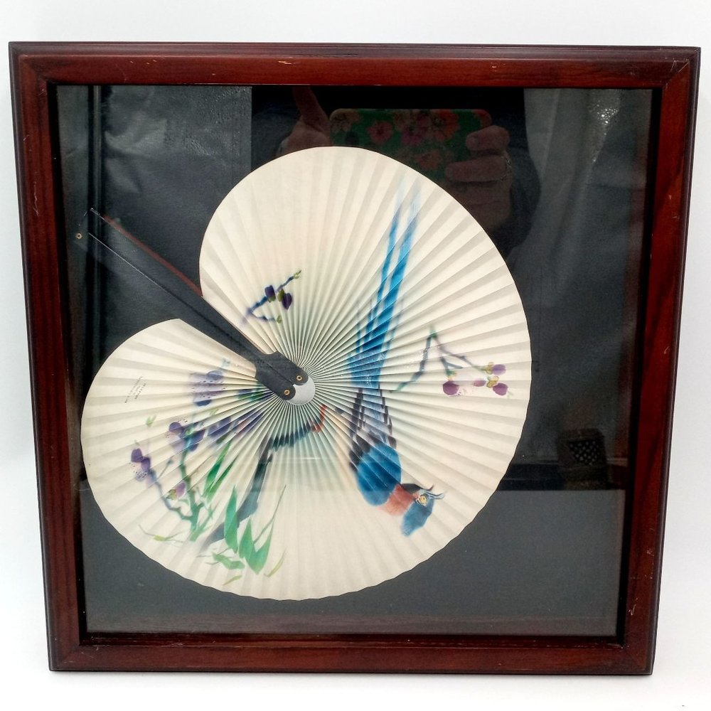 Exotic Bird Folding Fan Framed Vintage Shadowbox People Republic Of China Shadow